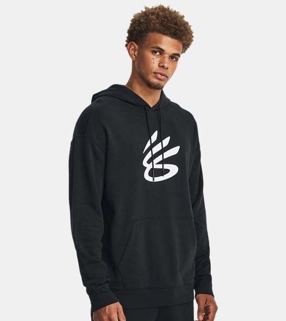 View of a black and white Curry Brand hoodie.